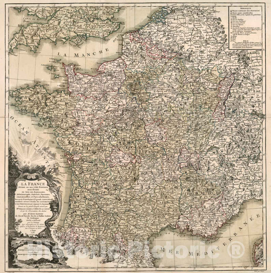 Historic Map : La France divisee en ses LVIII provinces sous-divisee en tous ses baillages, 1765, Vintage Wall Decor