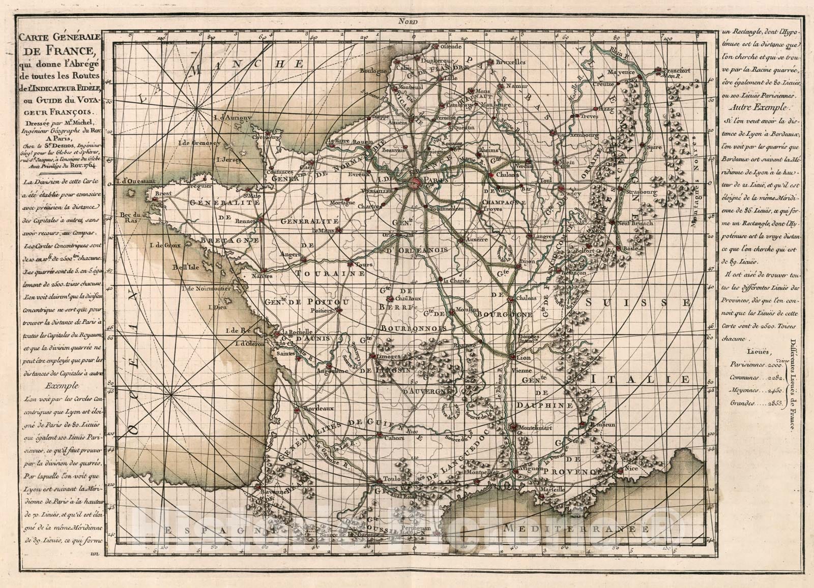 Historic Map : Carte generale de France, qui donne l'abrege de toutes les routes de L'indicateur fidele, 1765, Vintage Wall Decor