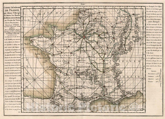 Historic Map : Carte generale de France, qui donne l'abrege de toutes les routes de L'indicateur fidele, 1765, Vintage Wall Decor