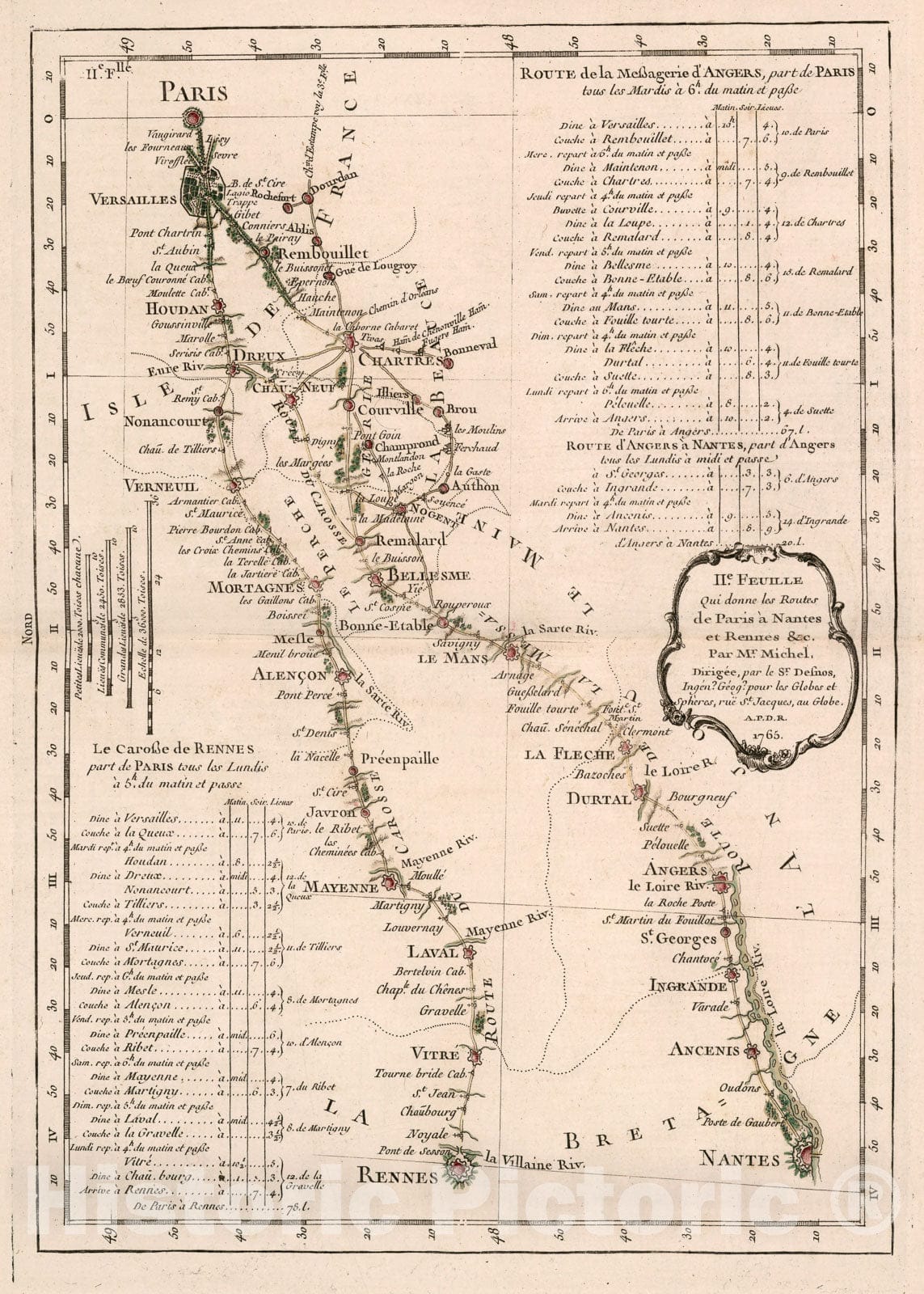 Historic Map : IIe. Feuille qui donne les routes de Pris a Nantes et Rennes &c., 1765, Vintage Wall Decor