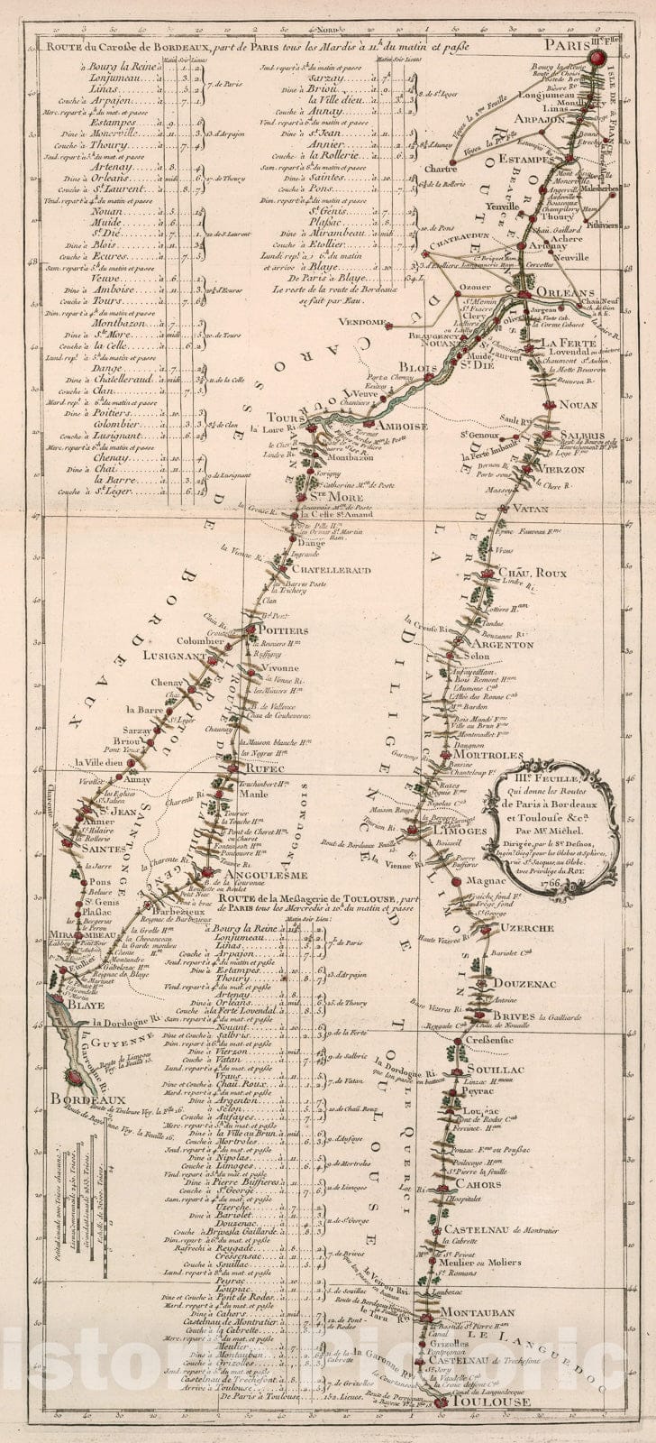 Historic Map : IIIe. Feuille, Qui donne les Routes de Paris a Bordeaux et Toulouse etc., 1765, Vintage Wall Decor