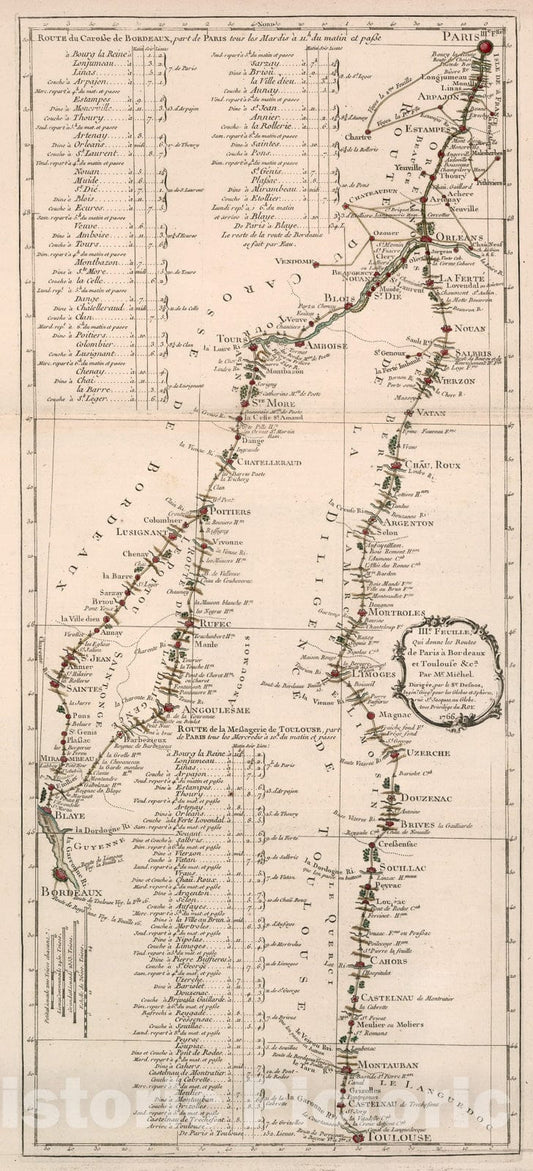 Historic Map : IIIe. Feuille, Qui donne les Routes de Paris a Bordeaux et Toulouse etc., 1765, Vintage Wall Decor