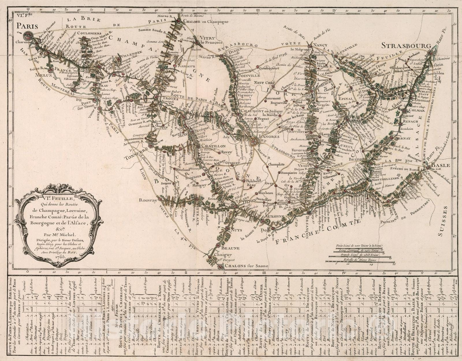 Historic Map : VIe feuille, qui donne les routes de Champagne, Lorraine, 1765, Vintage Wall Decor