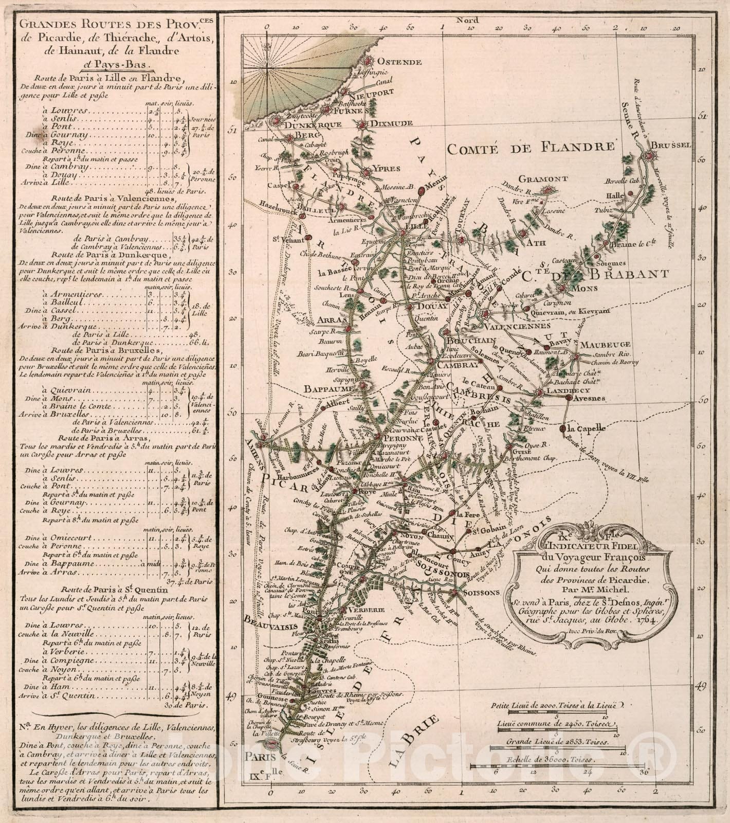 Historic Map : IX Feuille, L'indicateur fidele, du voyageur Francois, qui donne toutes les routes des provinces de Picardie, 1765, Vintage Wall Decor