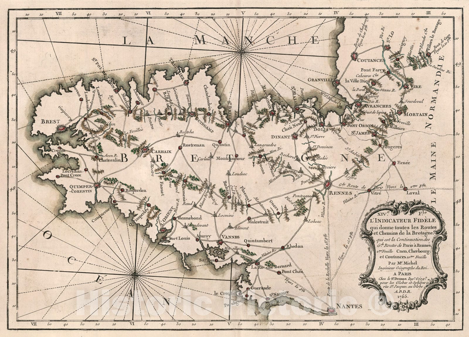 Historic Map : XIVe. Feuille. L'Indicateur Fidele qui donne toutes les routes et Chemins de la Bretagne, 1765, Vintage Wall Decor