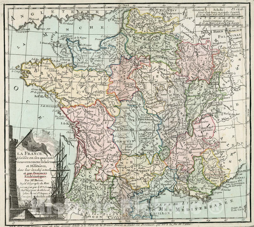 Historic Map : Pl. 12.13. La France, Divisee en ses quarante Gouvernemens Generaux et Militaires, 1786, v2, Vintage Wall Decor