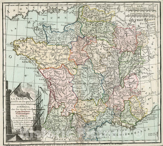 Historic Map : Pl. 12.13. La France, Divisee en ses quarante Gouvernemens Generaux et Militaires, 1786, v2, Vintage Wall Decor