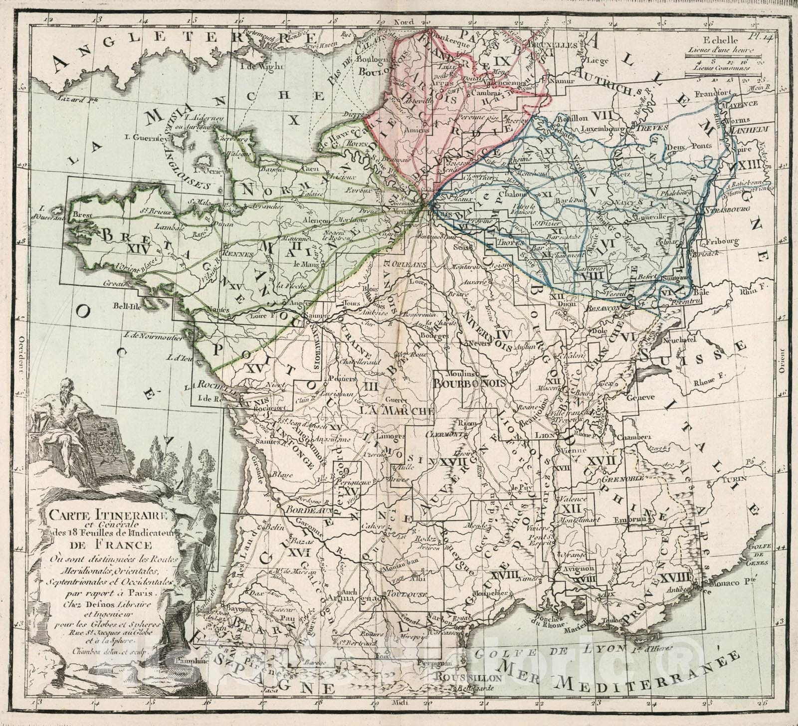 Historic Map : Pl. 14. Carte Itineraire et Generale des eighteen Feuilles de l'Indicateur De France, 1786, Vintage Wall Decor