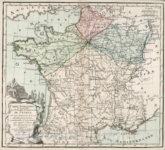 Historic Map : Pl. 14. Carte Itineraire et Generale des eighteen Feuilles de l'Indicateur De France, 1786, Vintage Wall Decor