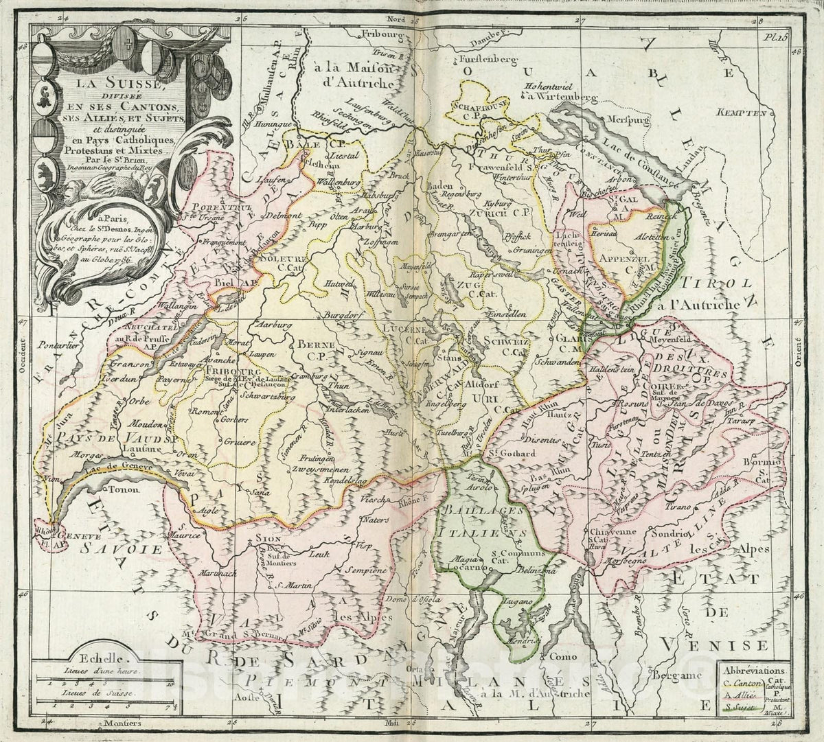 Historic Map : Pl. 15. La Suisse : Divisee En Ses Cantons, 1786, Vintage Wall Decor