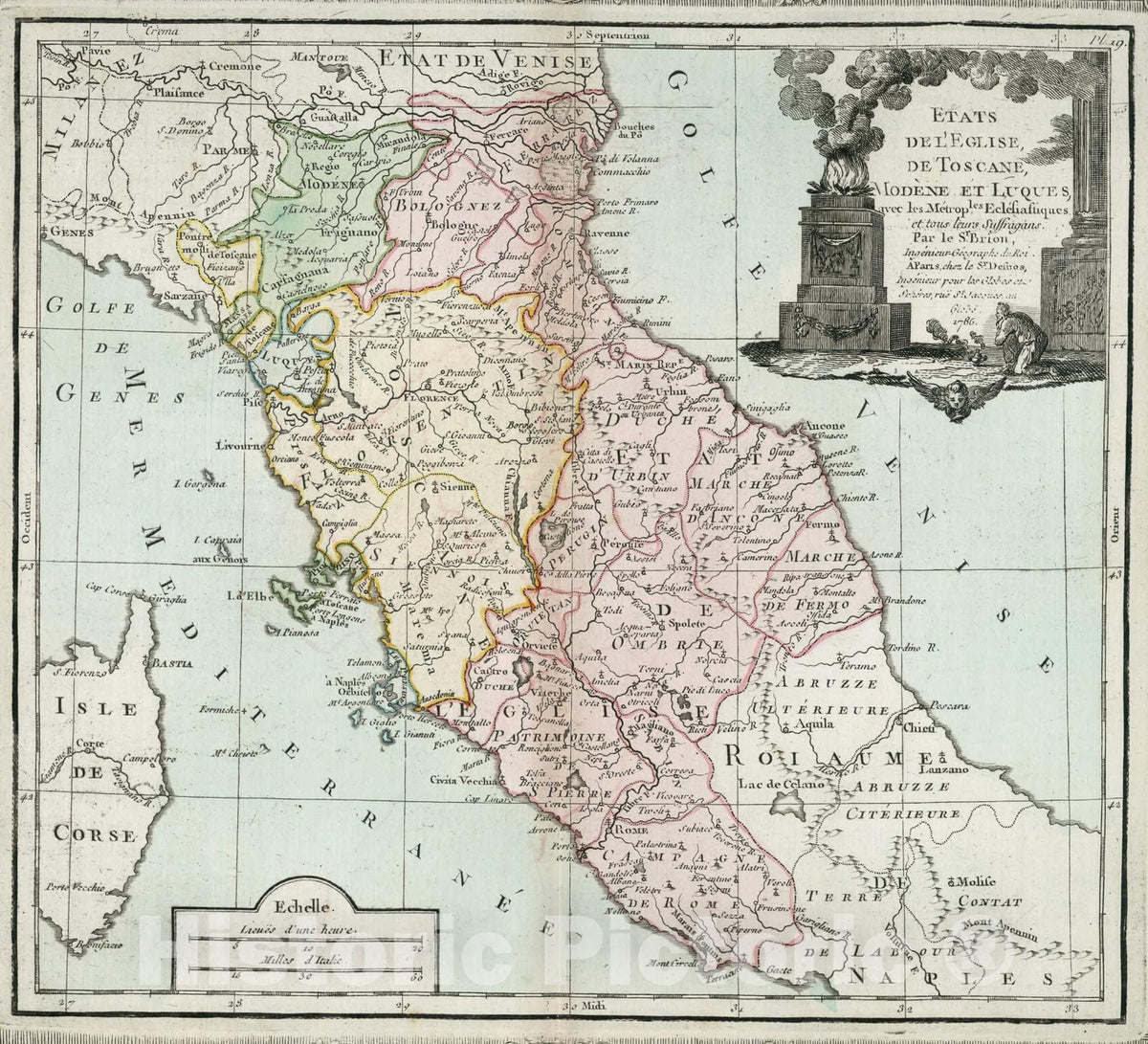 Historic Map : Pl. 19. Etats de l'Eglise, de Toscane, Modene et Luques, 1786, Vintage Wall Decor