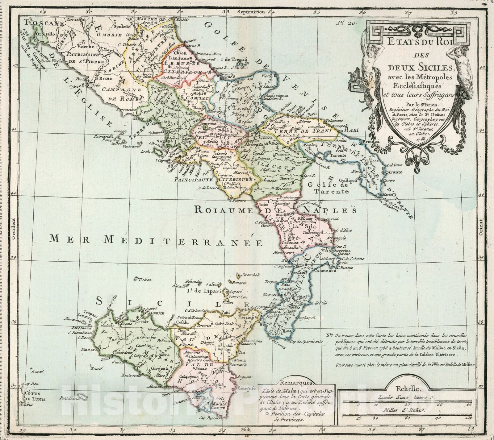 Historic Map : Pl. 20. Etats du Roi des deux Siciles avec les Metropoles Ecclesiastiques, 1786, Vintage Wall Decor