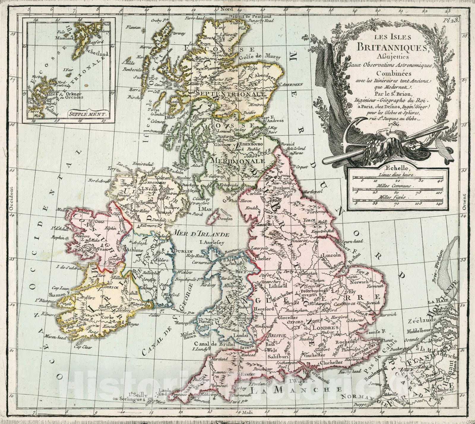 Historic Map : Pl. 23. Les Isles Britanniques, 1786, Vintage Wall Decor
