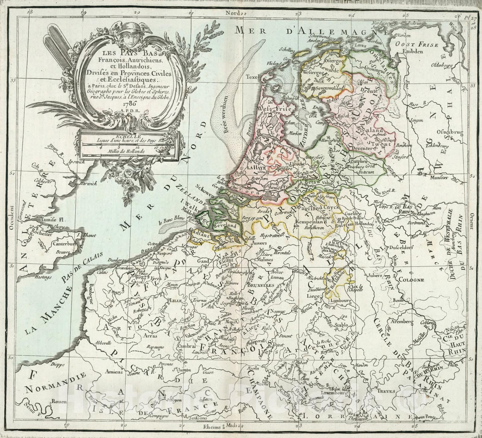 Historic Map : Les Pays Bas Francois, Autrichiens, et Hollandois, 1786, v2, Vintage Wall Decor