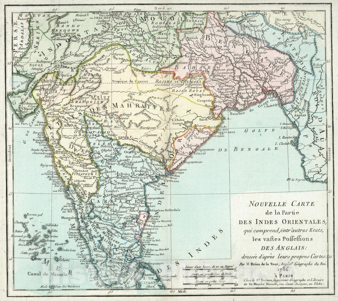 Historic Map - Nouvelle Carte de la Partie Des Indes Orientales, qui comrend, entr'autres Etats/Map of India, North to Mongolia and Tibet, 1786 - Vintage Wall Art