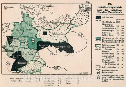 Historic Map : Bevolkerungsdichte nach den naturlichen Einheiten Deutschlands, 1935, Vintage Wall Decor