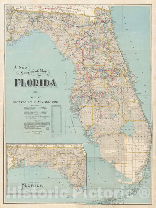 Historic Map : A new sectional map of Florida : 1913, 1913, Vintage Wall Decor