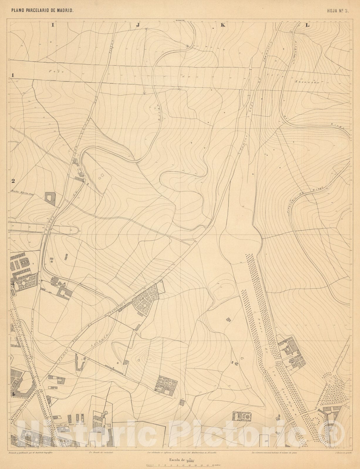 Historic Map : Hoja No. 3. Plano parcelario de Madrid, 1874, Vintage Wall Decor