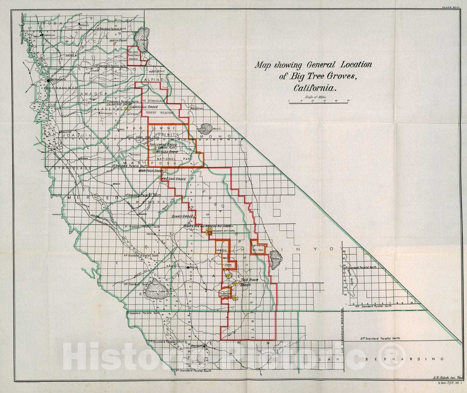 Historic Map : Map showing general location of Big Tree Groves, California, 1900, Vintage Wall Decor