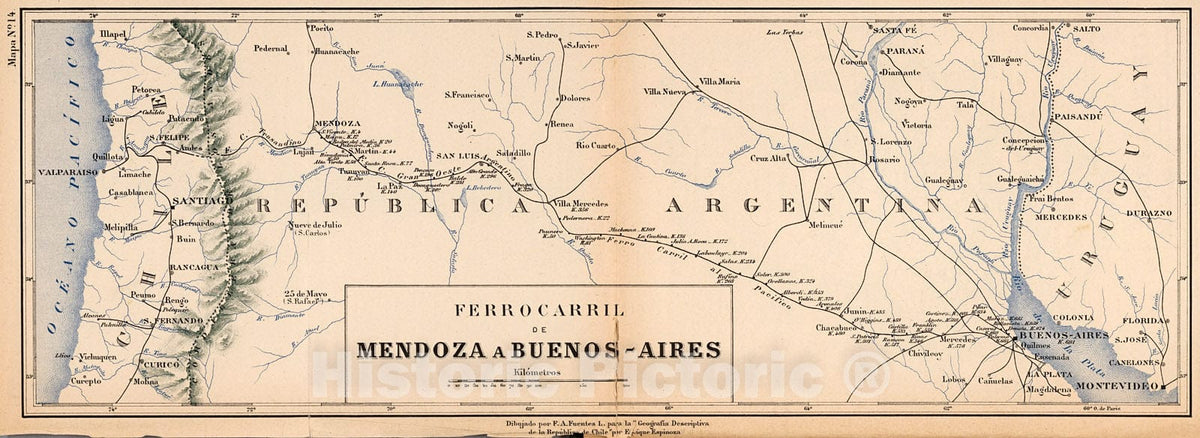 Historic Map : Mapa No. 14. Ferrocarril de Mendoza a Buenos-Aires., 1903, Vintage Wall Decor