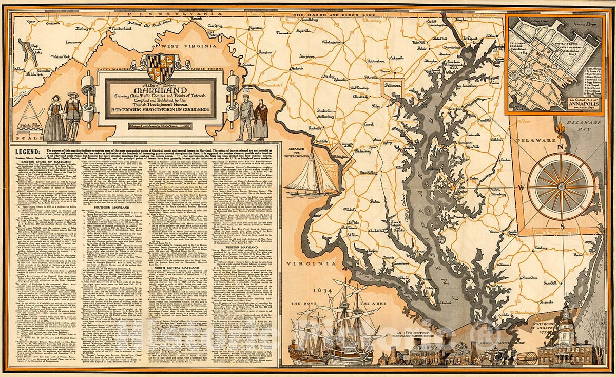 Historic Map : A map of historic Maryland : showing main traffic routes and points of interest., 1936, Vintage Wall Decor