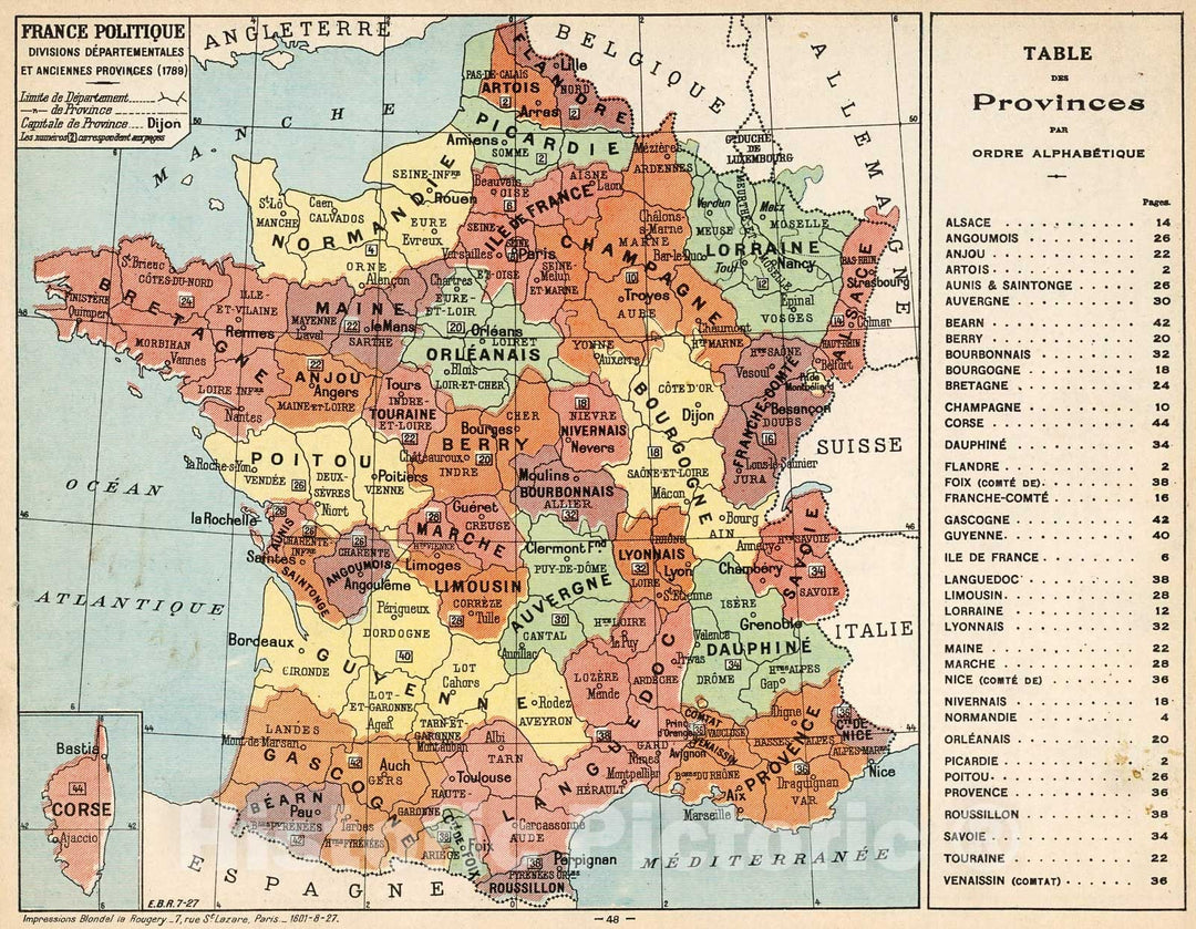 Historic Map : France Politique : Divisions departementales et anciennes provinces (1789), 1929, Vintage Wall Decor