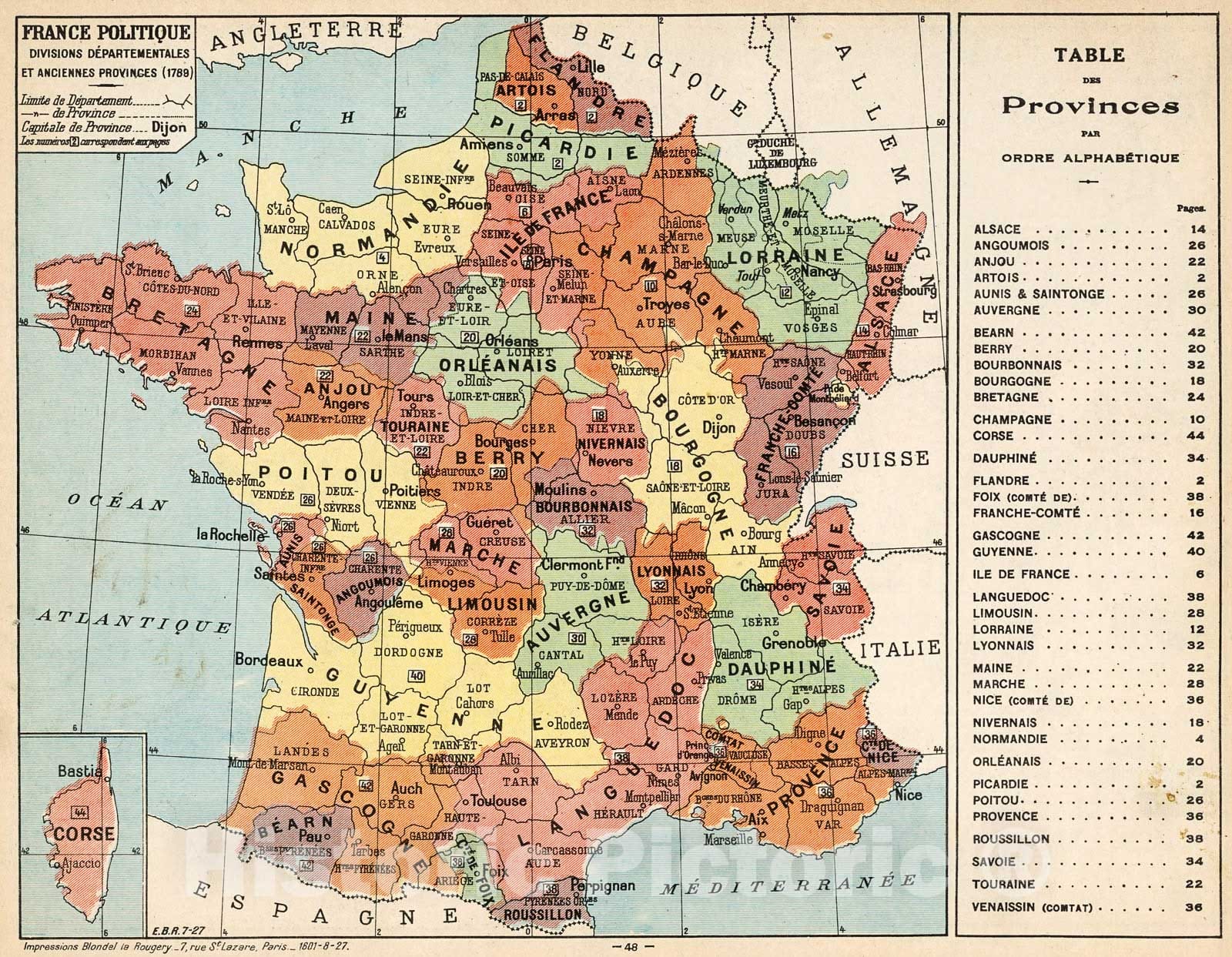 Historic Map : France Politique : Divisions departementales et anciennes provinces (1789), 1929, Vintage Wall Decor