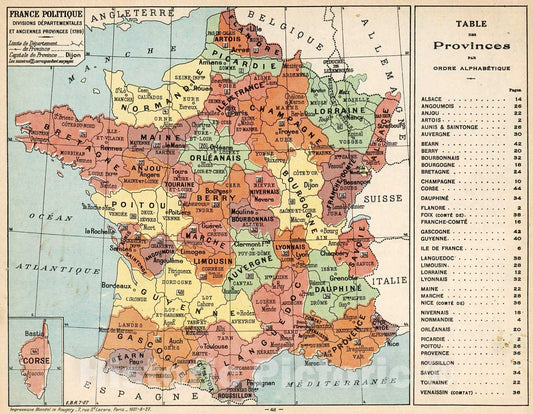 Historic Map : France Politique : Divisions departementales et anciennes provinces (1789), 1929, Vintage Wall Decor