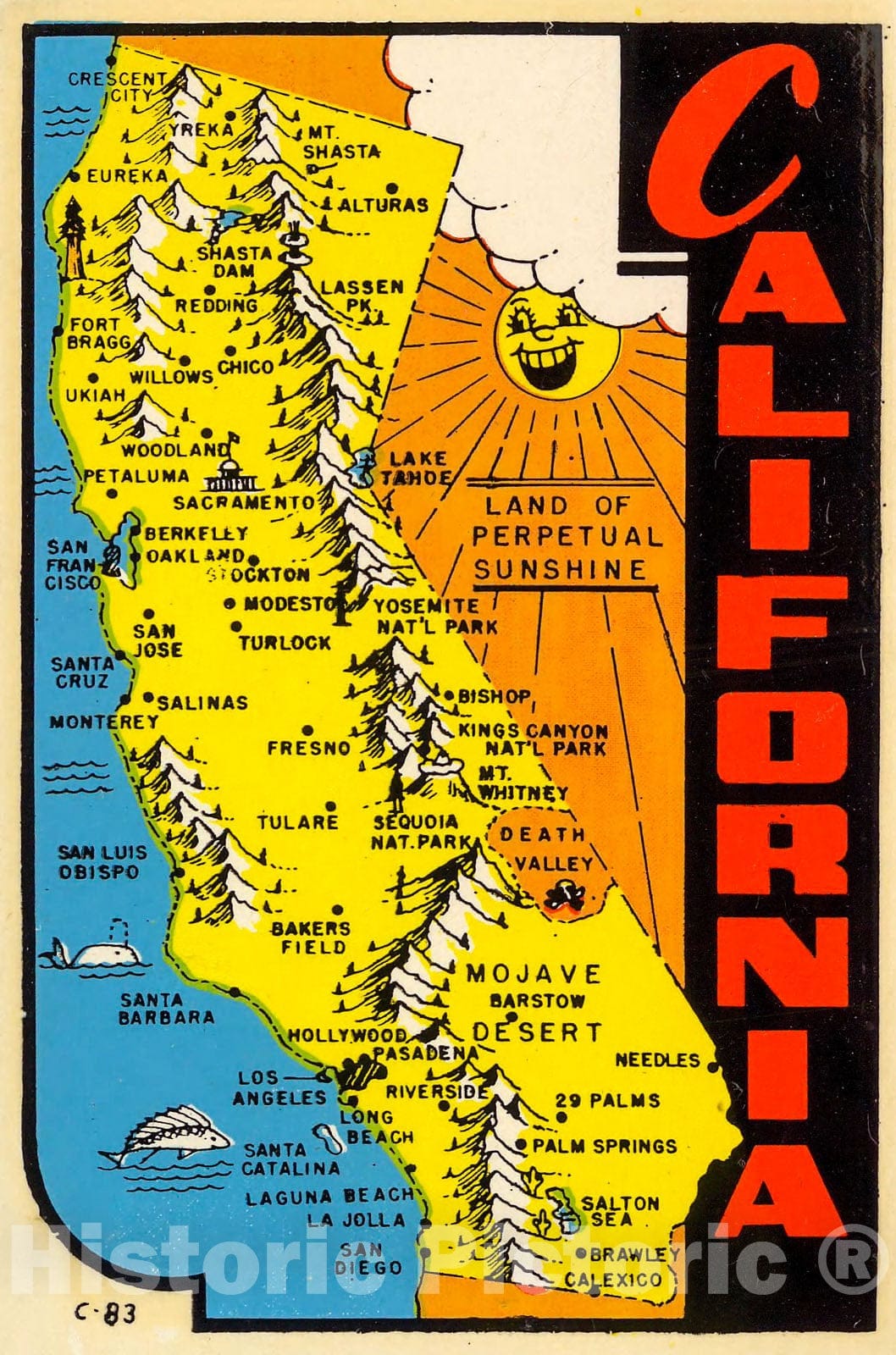 California : Land of perpetual sunshine" Vintage Postcard, 1950, Vintage Wall Decor