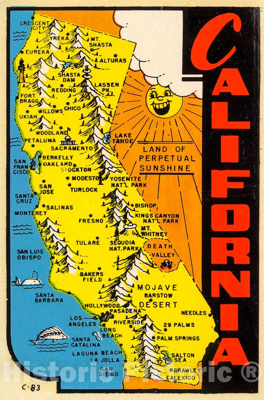 California : Land of perpetual sunshine" Vintage Postcard, 1950, Vintage Wall Decor