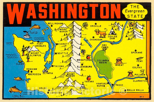 Washington : The evergreen state" Vintage Postcard, 1950, Vintage Wall Decor
