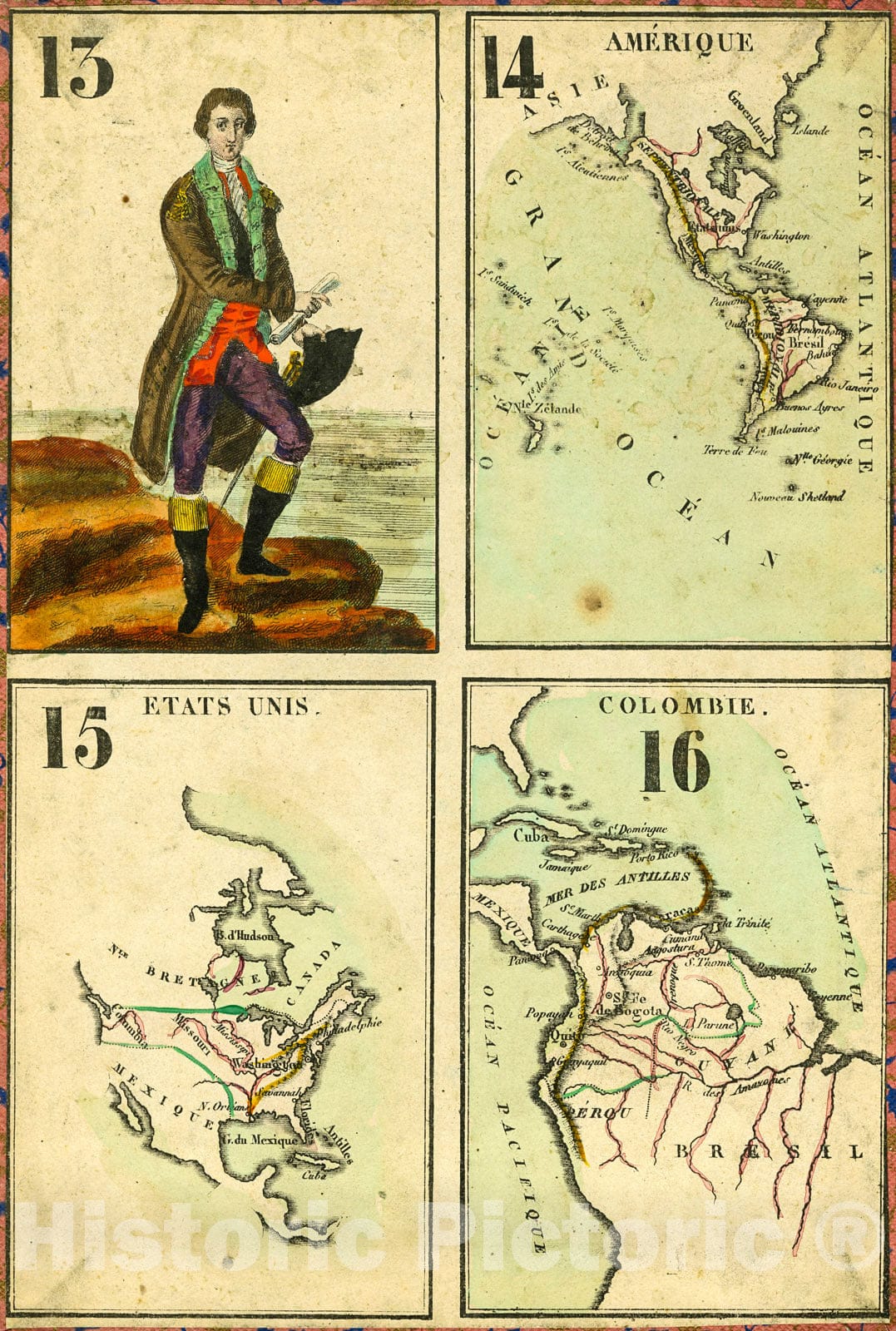 Historic Map : Playing card- maps. Amerique. Etats Unis. Colombie, 1842, Vintage Wall Decor