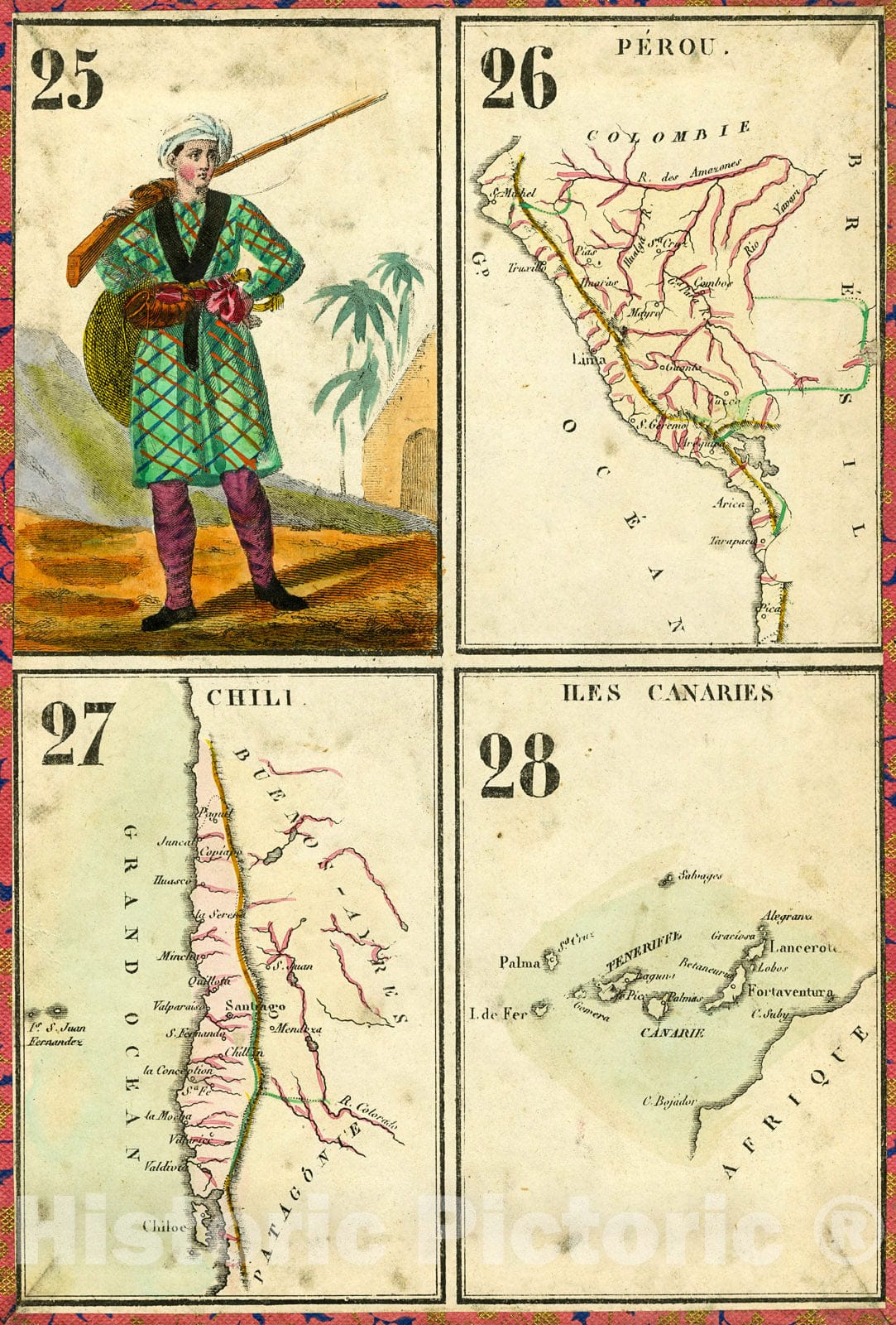 Historic Map : Playing card Perou. Chili. Iles Canaries, 1842, Vintage Wall Decor