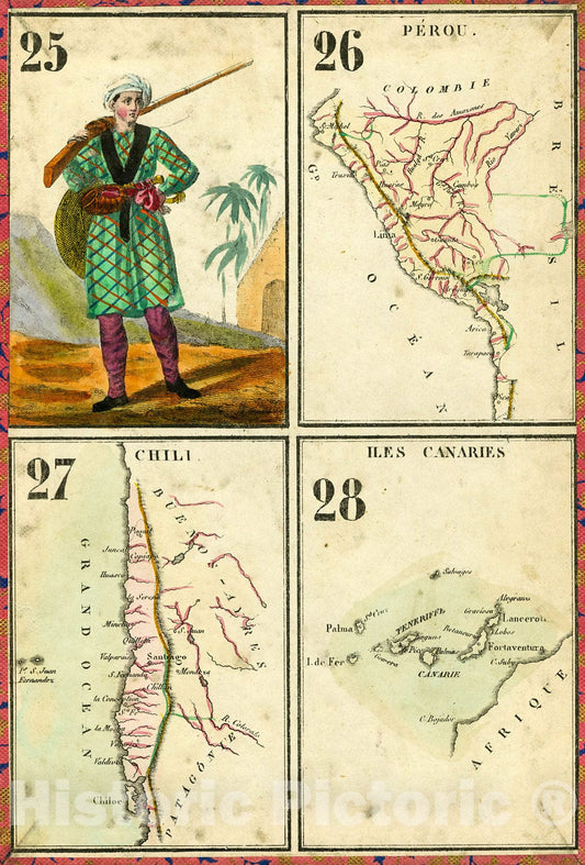 Historic Map : Playing card Perou. Chili. Iles Canaries, 1842, Vintage Wall Decor