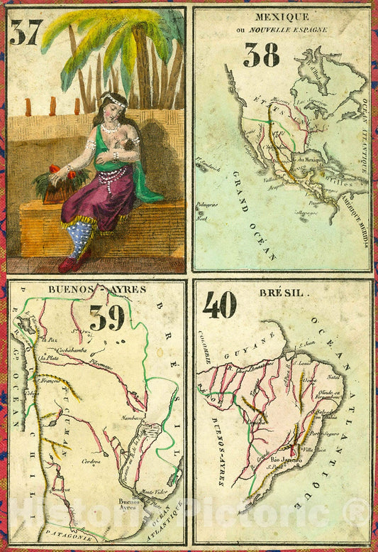 Historic Map : Playing card Mexique. Buenos - Ayres. Bresil, 1842, Vintage Wall Decor