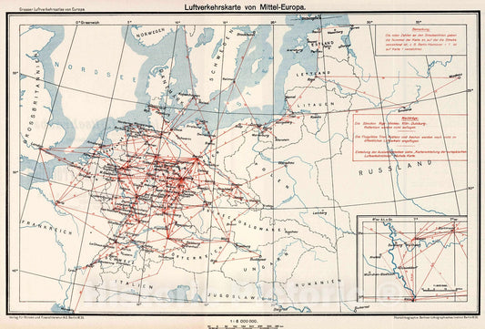 Historic Map : Luftverkehrskarte von Mittel-Europa., 1928, Vintage Wall Decor
