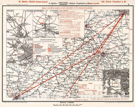 Historic Map : Central Germany Airline Routes. (insets) (Airport Locations)., 1928, Vintage Wall Decor
