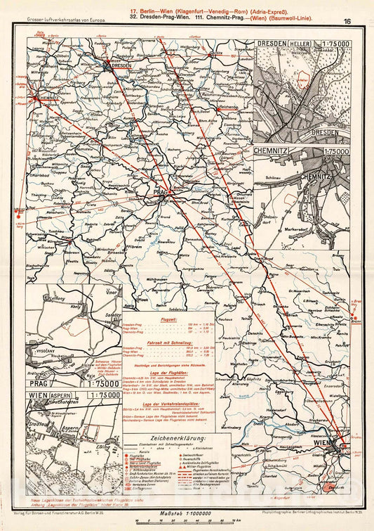 Historic Map : (Czechoslovakia - Austria Airlines Routes). (insets) (Airport Locations)., 1928, Vintage Wall Decor