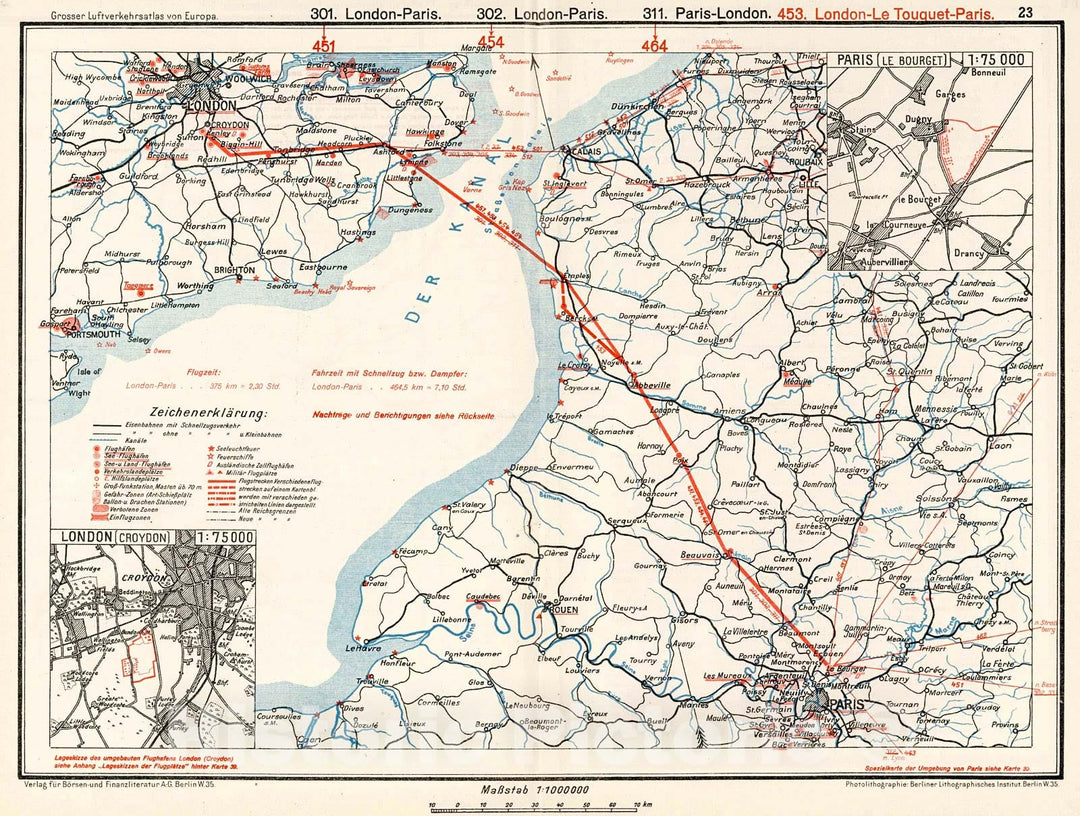 Historic Map : (England - France). (inset) (Airport Location)., 1928, Vintage Wall Decor