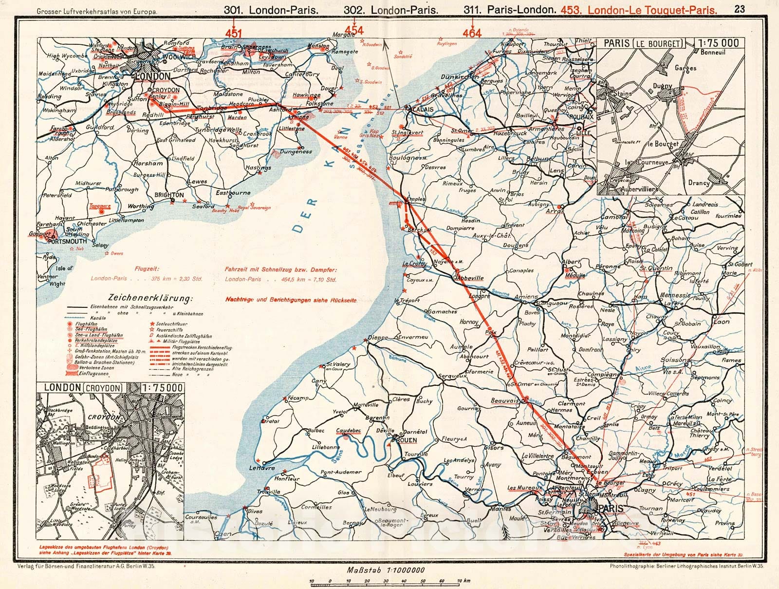 Historic Map : (England - France). (inset) (Airport Location)., 1928, Vintage Wall Decor