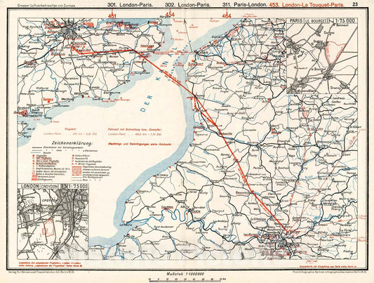 Historic Map : (England - France). (inset) (Airport Location)., 1928, Vintage Wall Decor