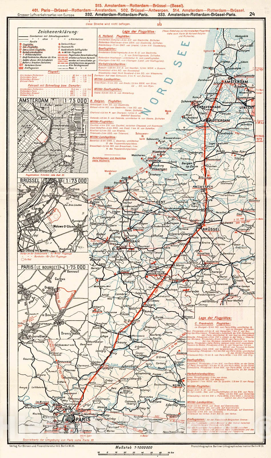 Historic Map : (France - Belgium - Holland Airline Routes). (insets) (Airport Locations)., 1928, Vintage Wall Decor