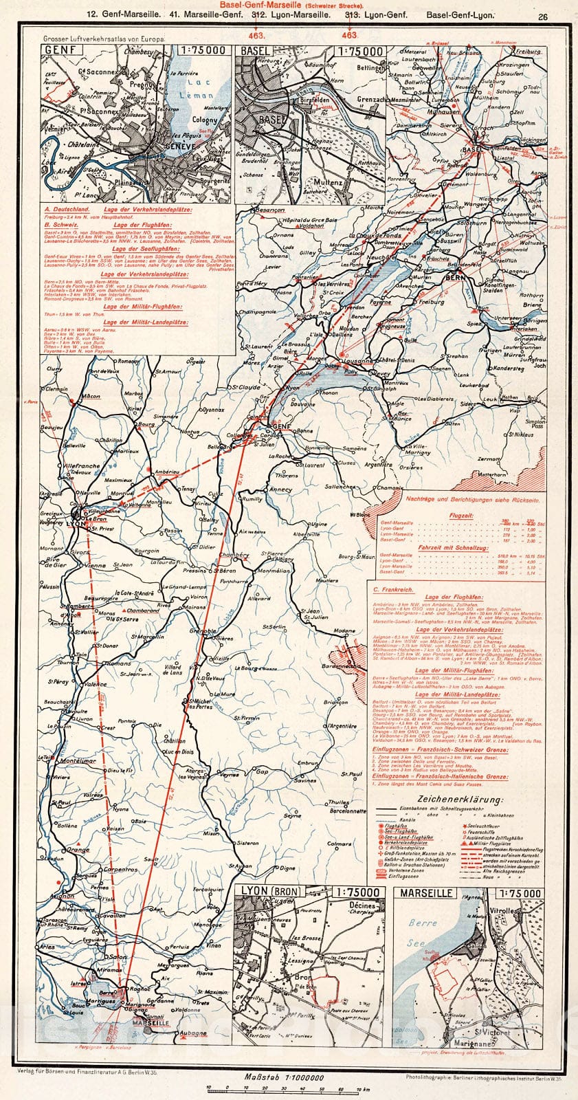 Historic Map : (France - Switzerland Airline Routes). (insets) (Airport Locations)., 1928, Vintage Wall Decor