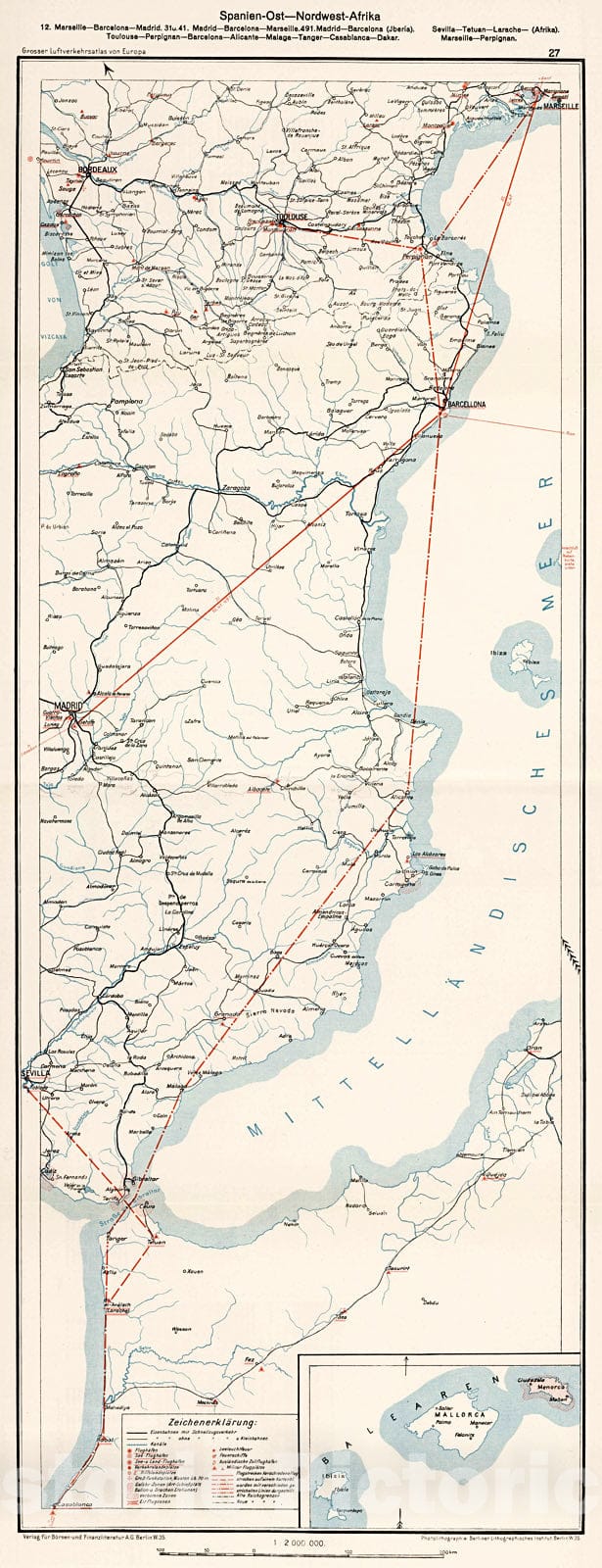 Historic Map : (France - Spain - Morocco Airline Routes). (inset) (Mallorca)., 1928, Vintage Wall Decor