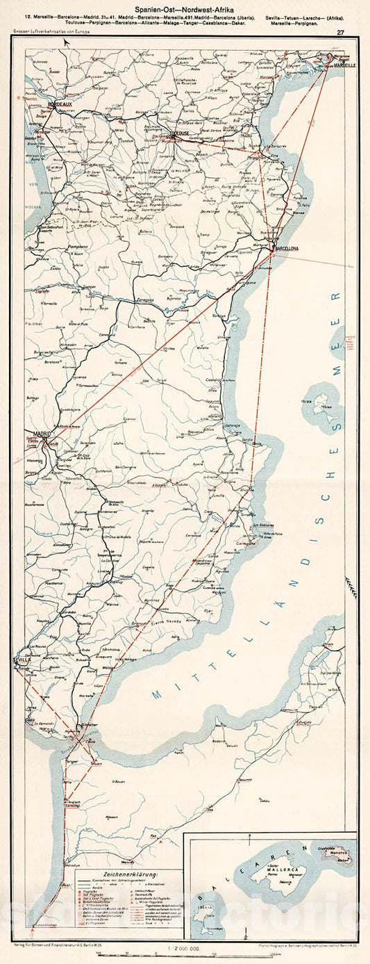 Historic Map : (France - Spain - Morocco Airline Routes). (inset) (Mallorca)., 1928, Vintage Wall Decor