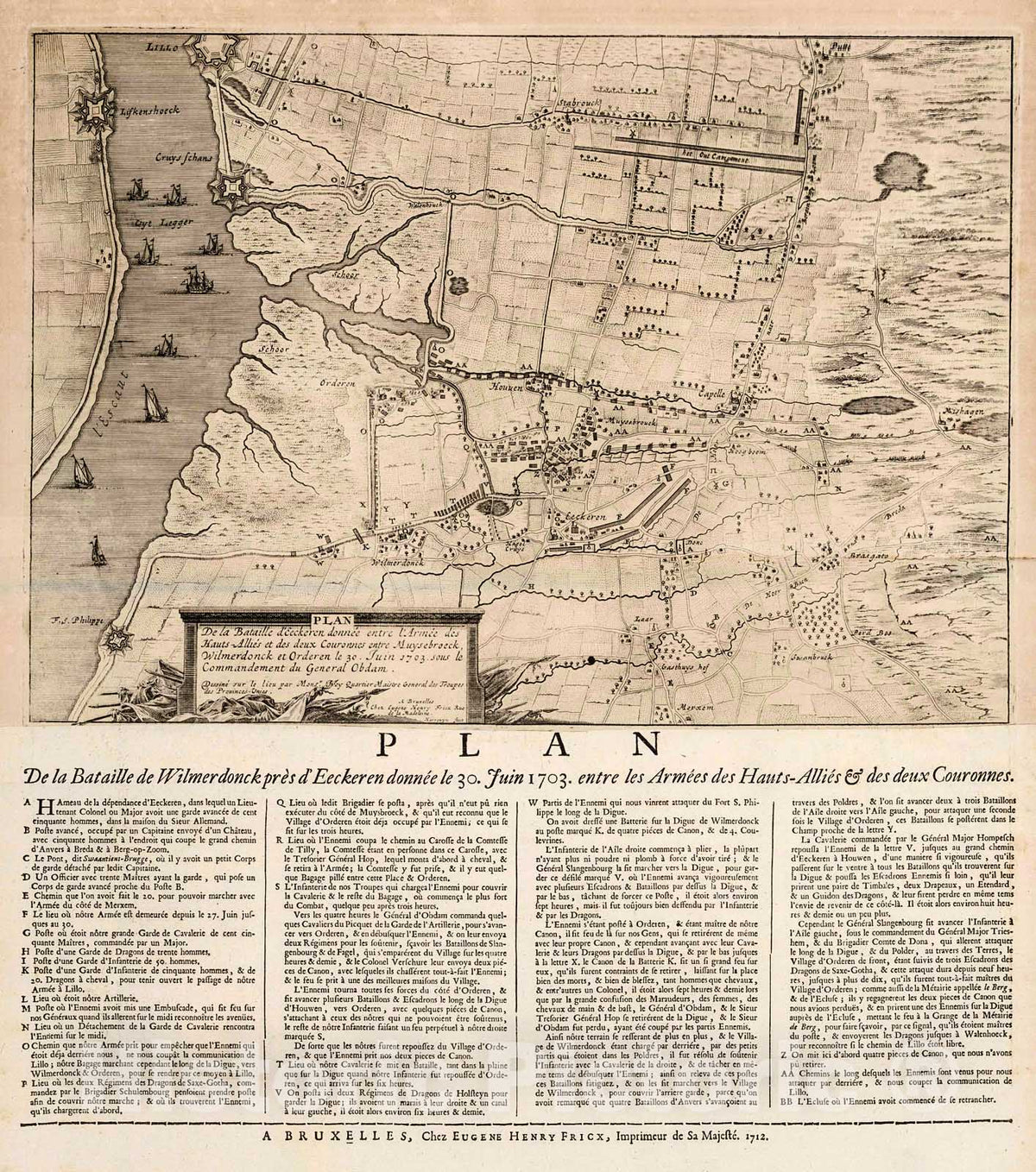 Historic Map : Plan de la Bataille d'Eeckeren (Ekeren), Belgium. l703., 1727, Vintage Wall Decor