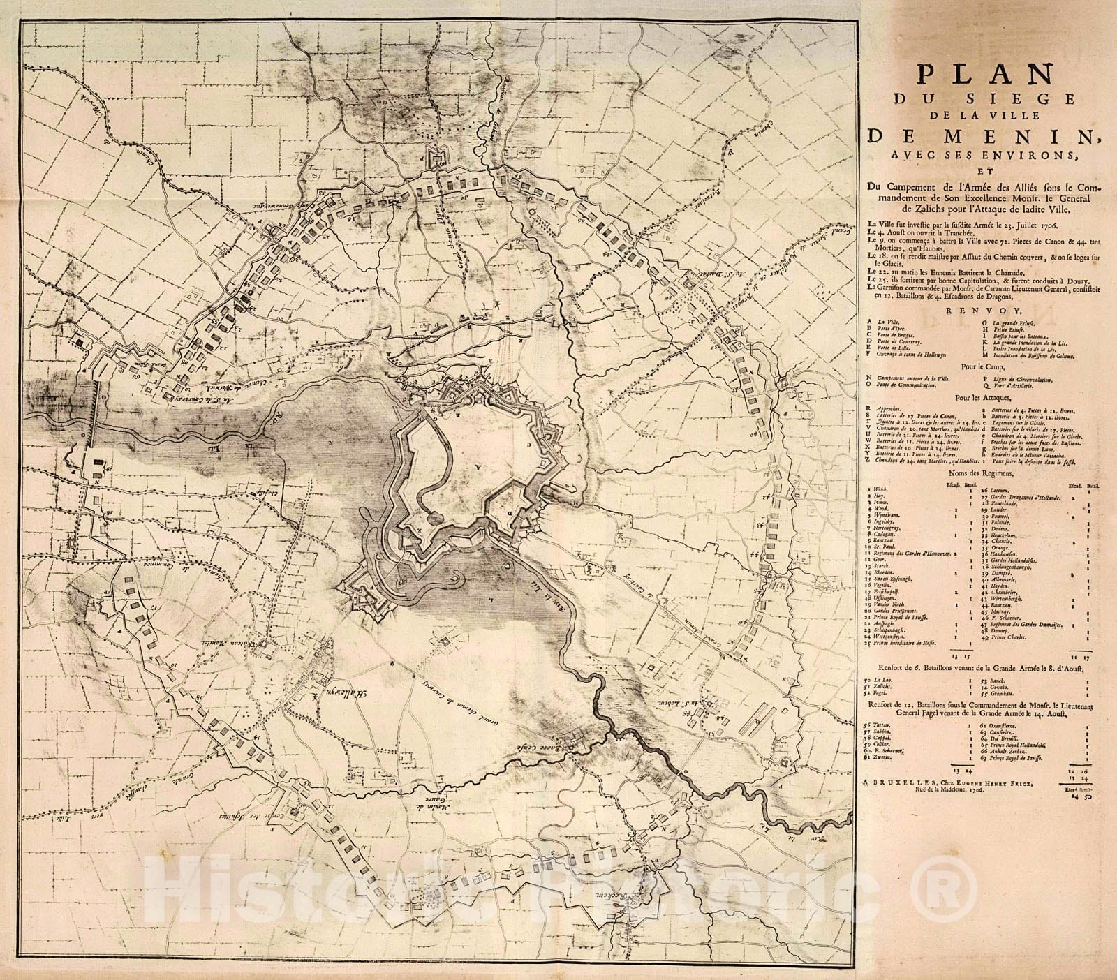 Historic Map : Plan du Siege de Menin (Menen), Belgium. 1706., 1727, Vintage Wall Decor