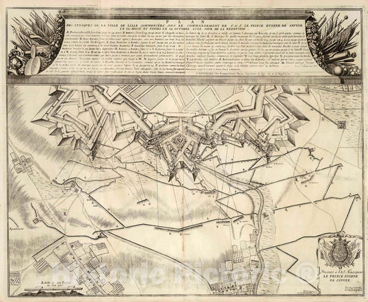 Historic Map : Plan Partie de la Ville de Lille, Belgium, avec les Attaques en grand. 1709., 1727, Vintage Wall Decor