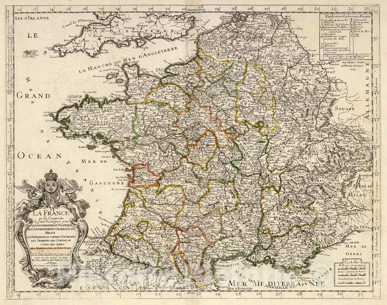 Historic Map : France ... Generalities (administrative division) and Elections., 1697, Vintage Wall Decor