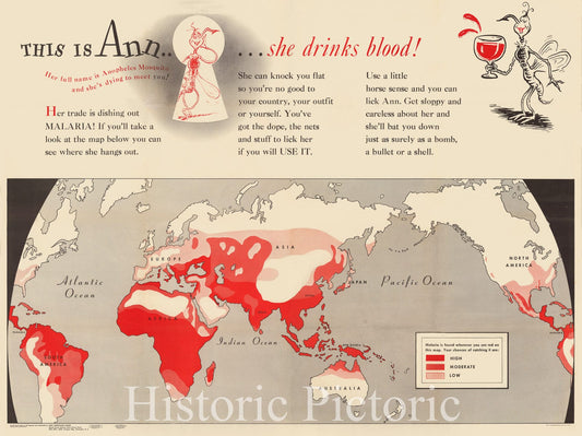 World War II: Malaria Distribution Map - Pictorial Map, 1943